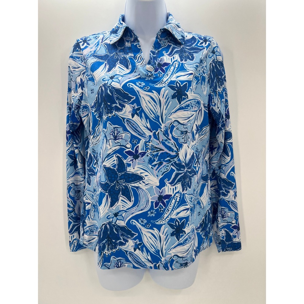 X by Gottex XS Resort Blue White Lily Floral Long Sleeve Tennis Golf Polo Top